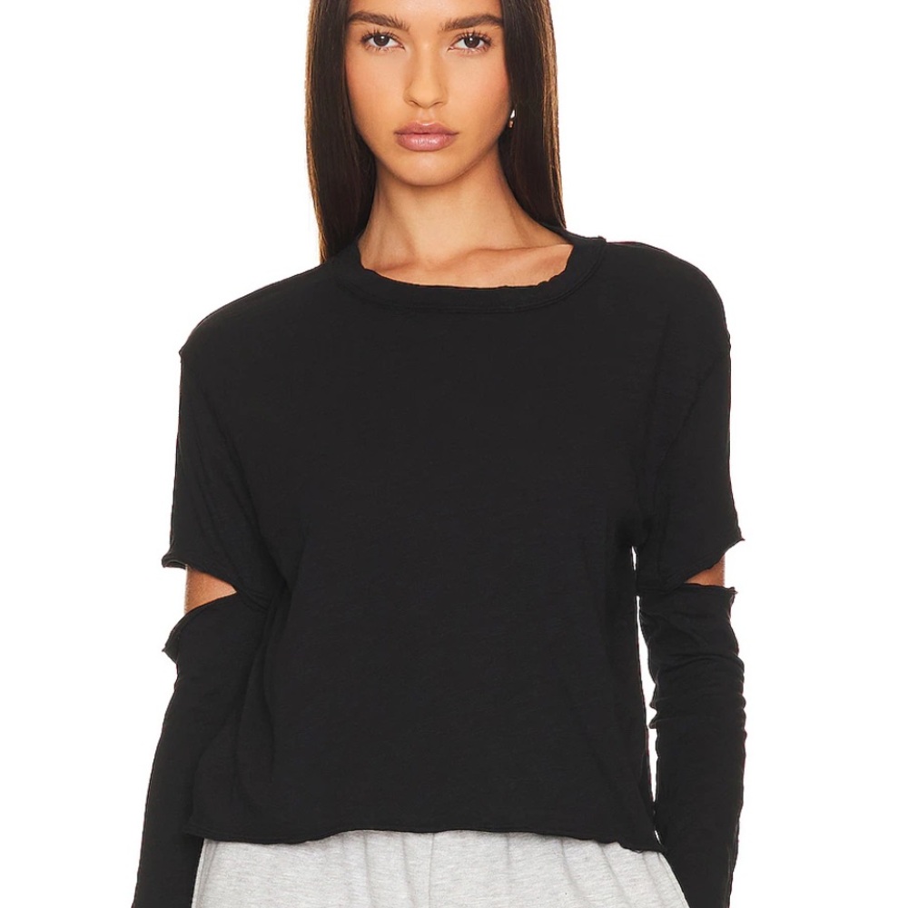ANEL Black Velvet Top Size M Cut Out Elbow Crew Neck Stretch Made in Europe NWT